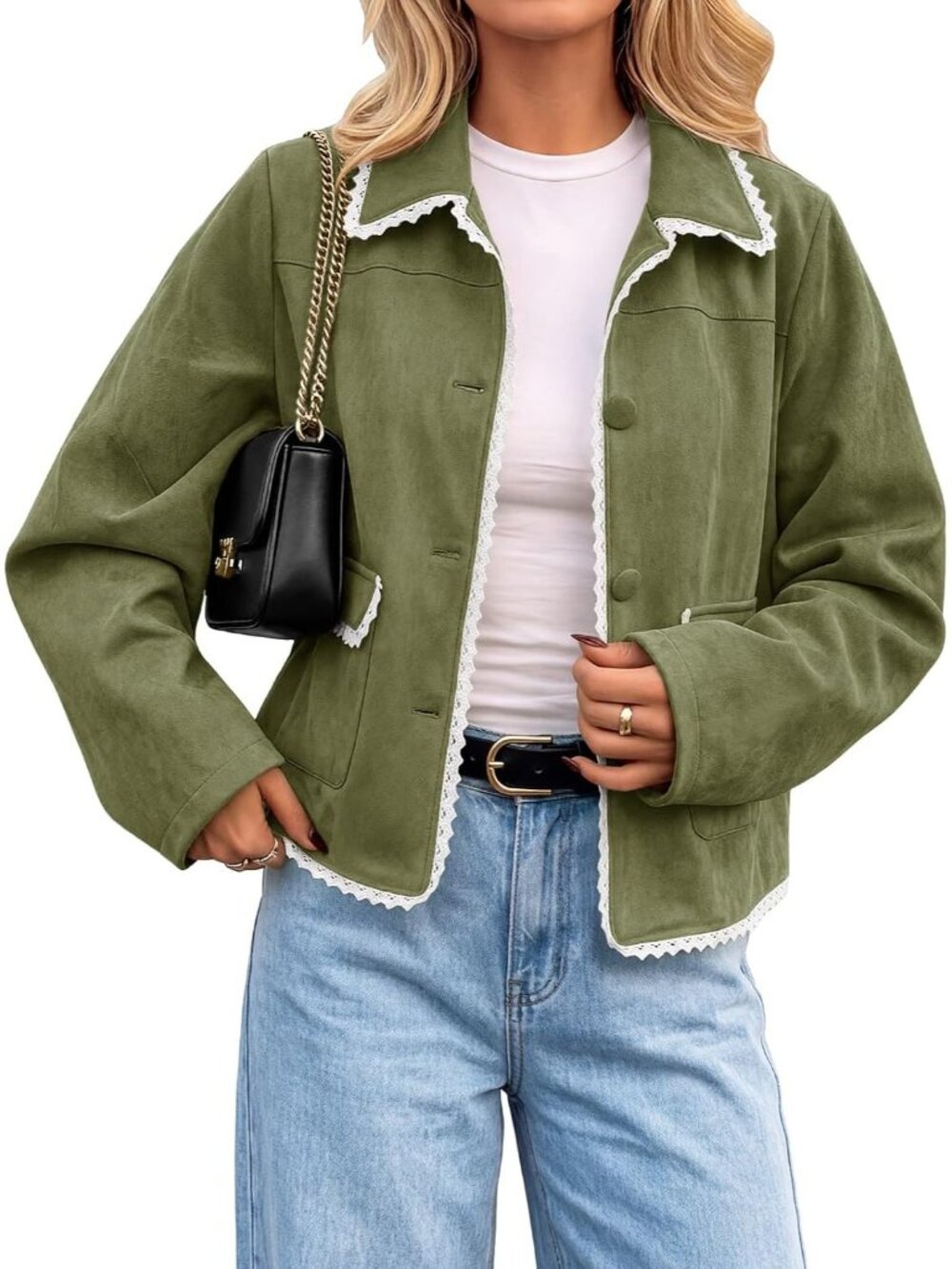 Women's Army Green Faux Suede Button Down Jacket Vintage Lace Trim Casual Coat